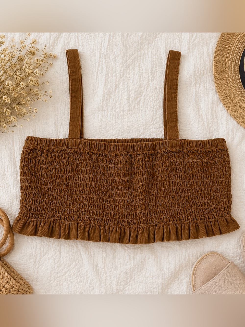 American Eagle Brown Smocked Ruffle Hem Crop Cami Top XS